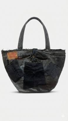 לצפייה במוצר תיק טוט Levi's בעיצוב Upcycled – דנים בשחור שטוף עם טלאים